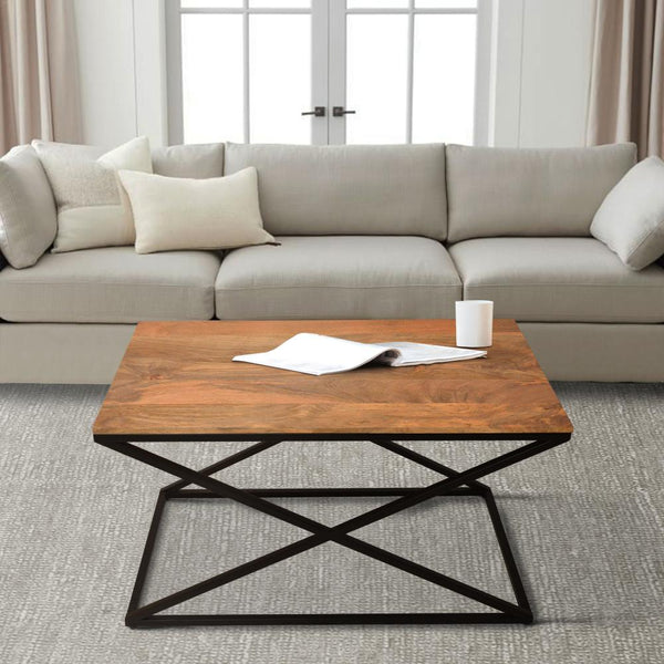 35 Inch Wooden Rectangle Coffee Table with X Shape Metal Frame, Brown and Black - UPT-242948