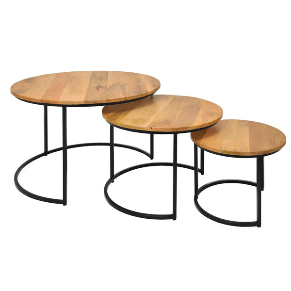 Round Wooden Nesting Coffee Table with Metal Frame, Set of 3, Brown and Black - UPT-242949