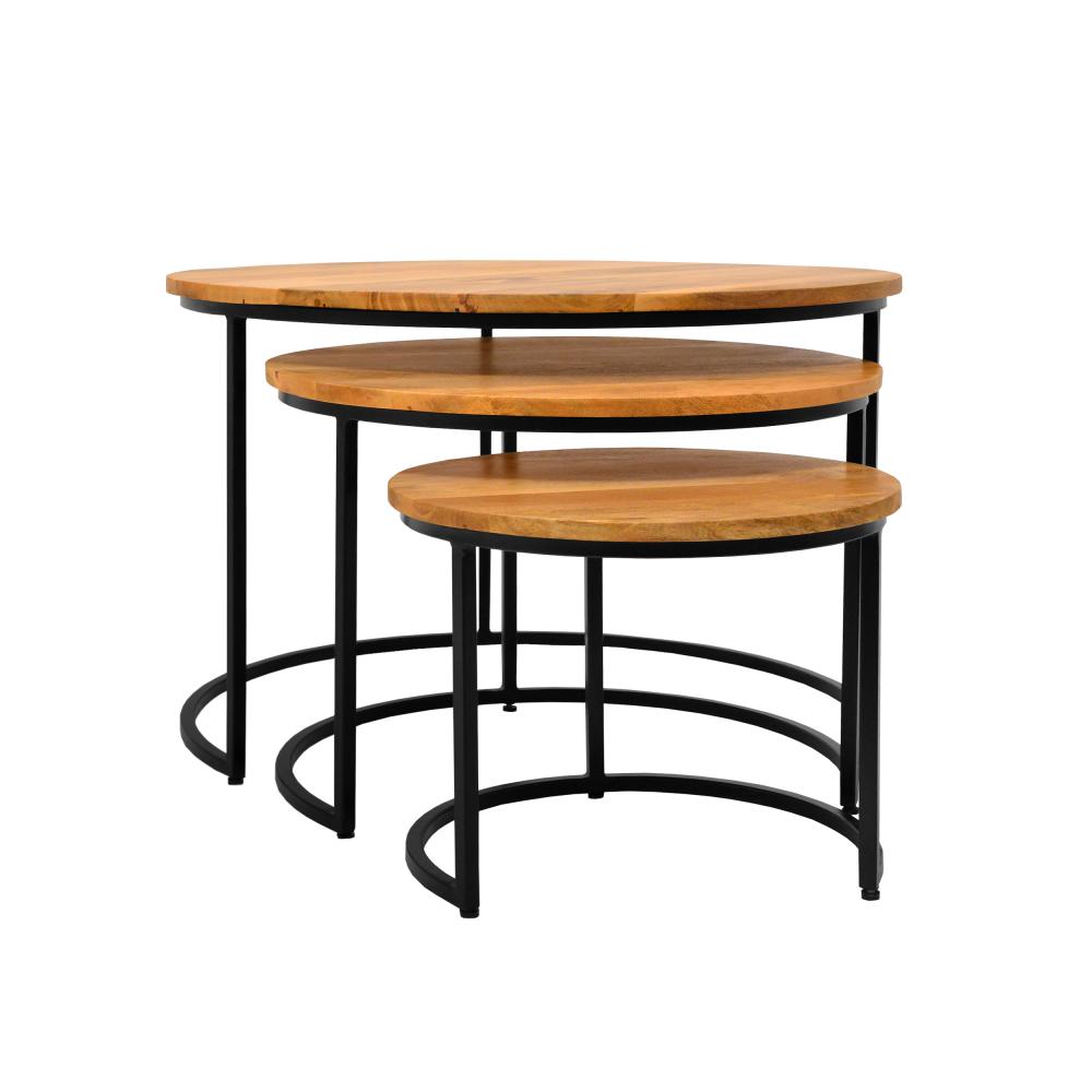 Round Wooden Nesting Coffee Table with Metal Frame, Set of 3, Brown and Black - UPT-242949