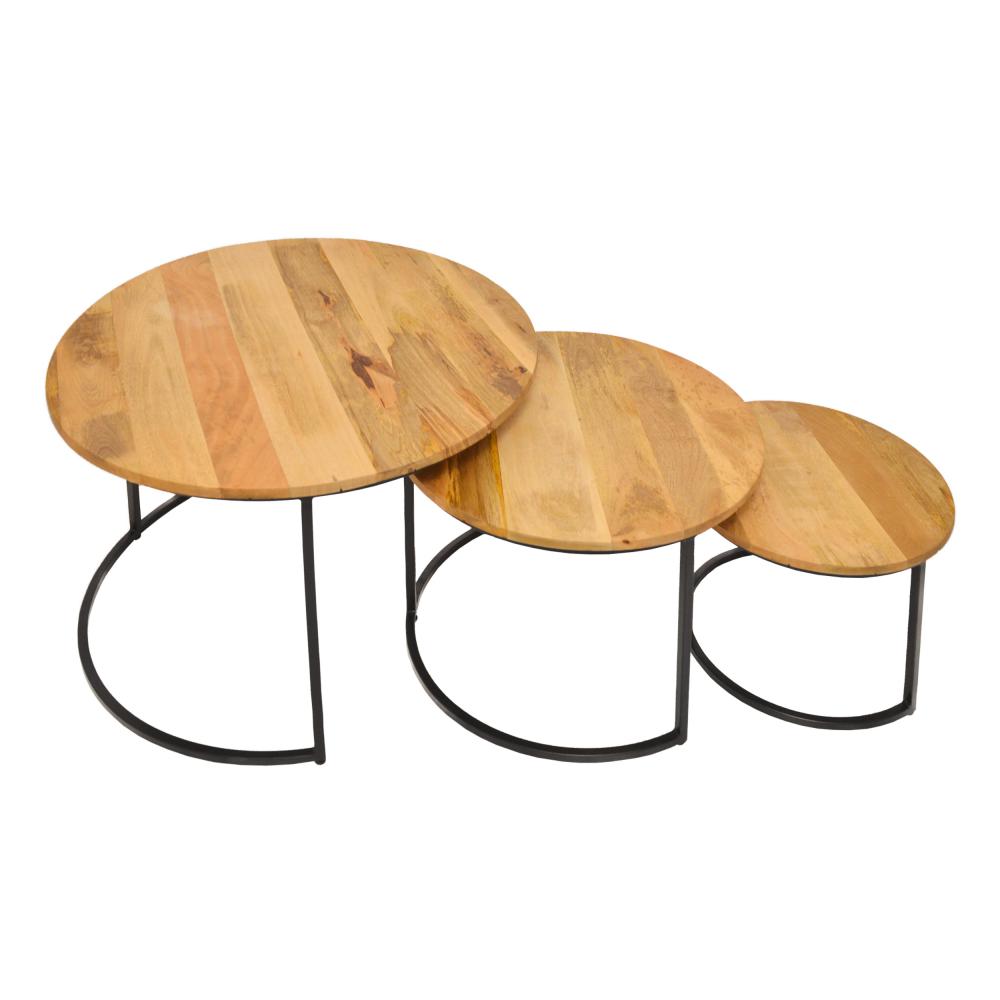 Round Wooden Nesting Coffee Table with Metal Frame, Set of 3, Brown and Black - UPT-242949