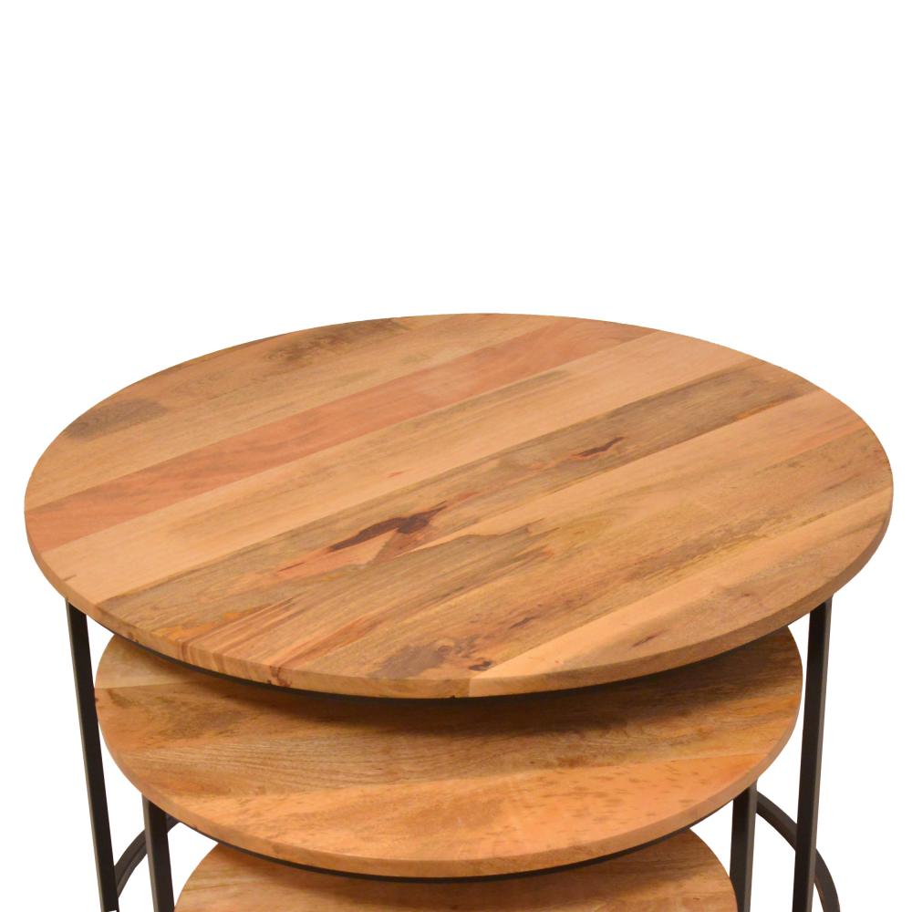 Round Wooden Nesting Coffee Table with Metal Frame, Set of 3, Brown and Black - UPT-242949