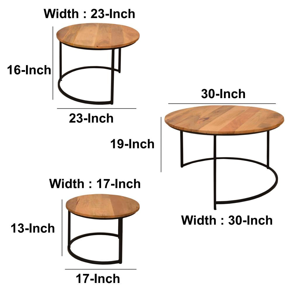 Round Wooden Nesting Coffee Table with Metal Frame, Set of 3, Brown and Black - UPT-242949