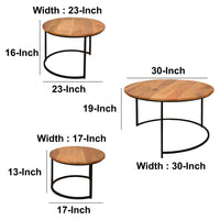 Round Wooden Nesting Coffee Table with Metal Frame, Set of 3, Brown and Black - UPT-242949