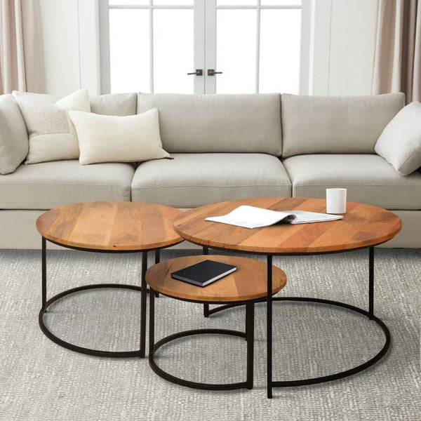 Round Wooden Nesting Coffee Table with Metal Frame, Set of 3, Brown and Black - UPT-242949