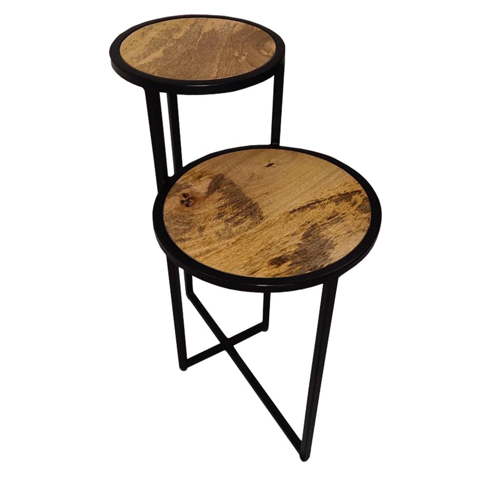 Two Tier Round Wooden Side Table with Metal Frame, Brown and Brass - UPT-242952