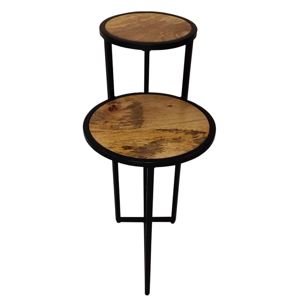 Two Tier Round Wooden Side Table with Metal Frame, Brown and Brass - UPT-242952