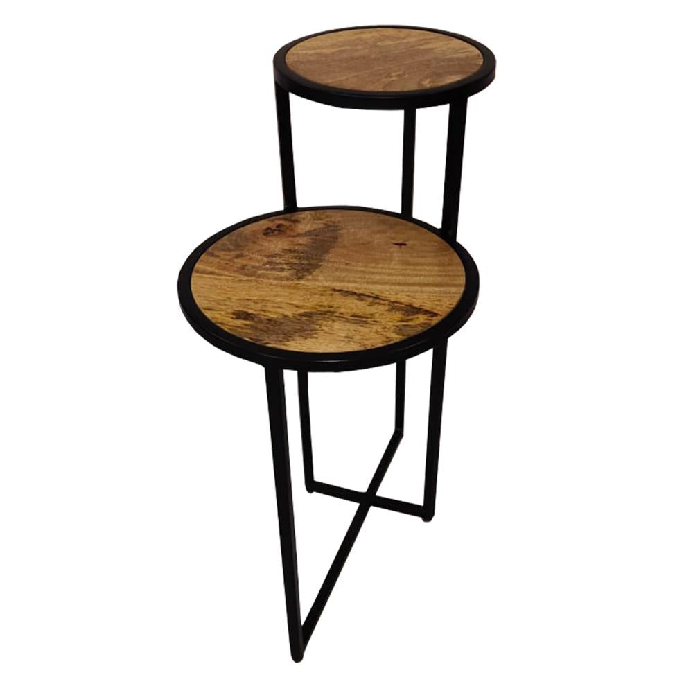 Two Tier Round Wooden Side Table with Metal Frame, Brown and Brass - UPT-242952