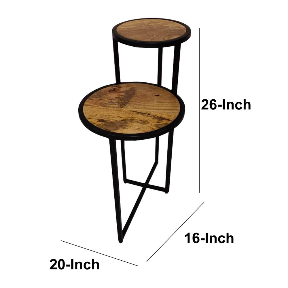 Two Tier Round Wooden Side Table with Metal Frame, Brown and Brass - UPT-242952