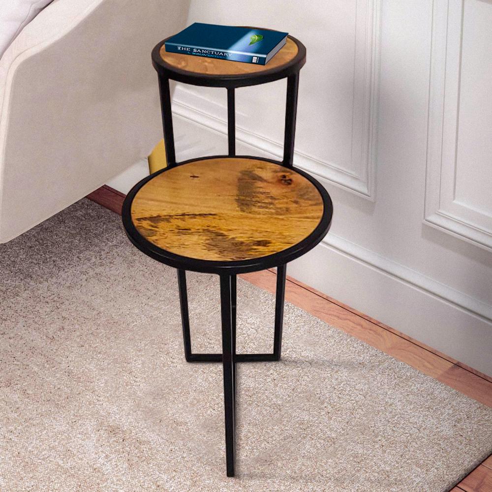 Two Tier Round Wooden Side Table with Metal Frame, Brown and Brass - UPT-242952