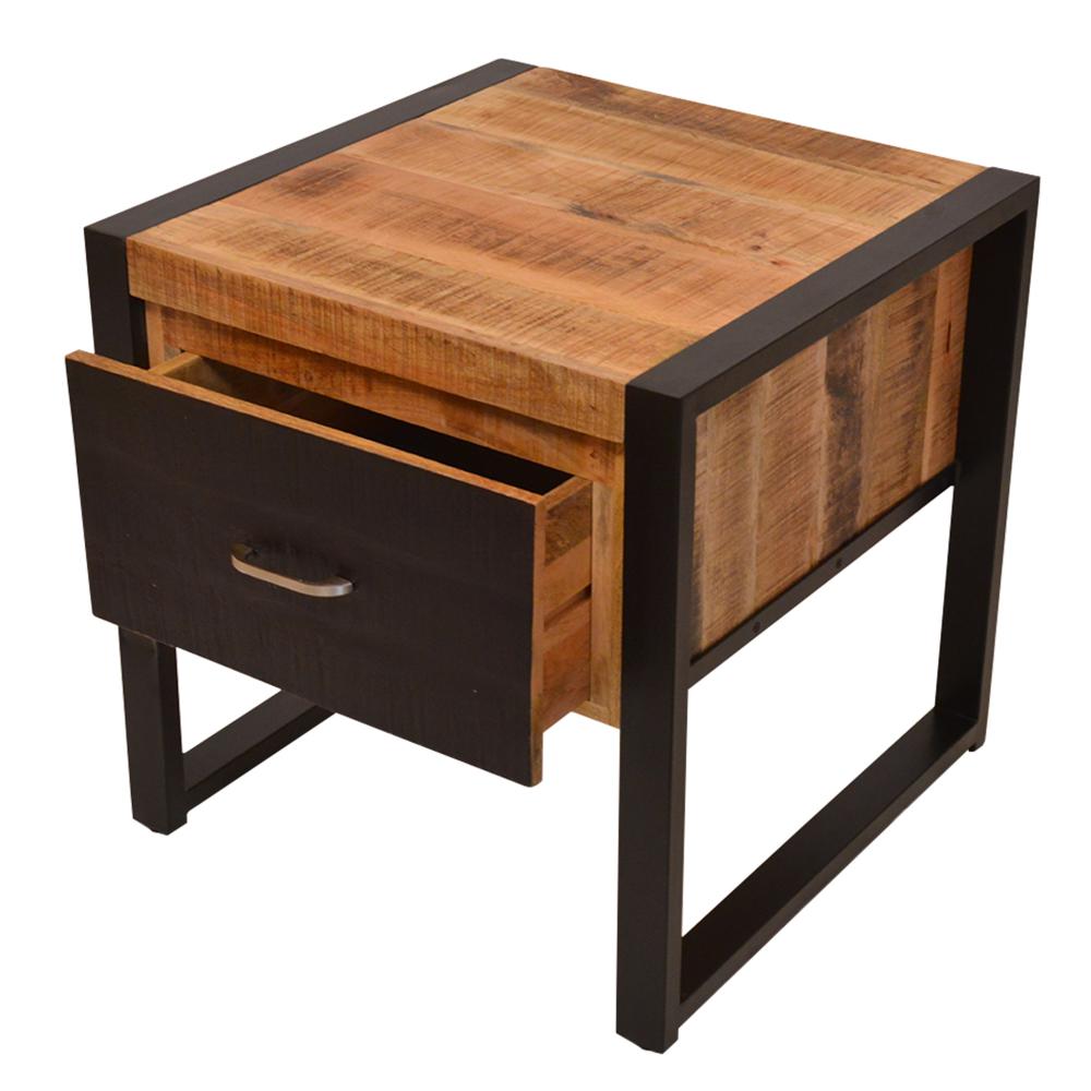 24 Inch Single Drawer Wooden Side Table with Metal Frame, Brown and Black - UPT-242953