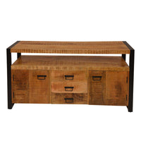 60 Inch 2 Door Mango Wood Media Console TV Stand, 3 Drawers, Brown and Black - UPT-242954