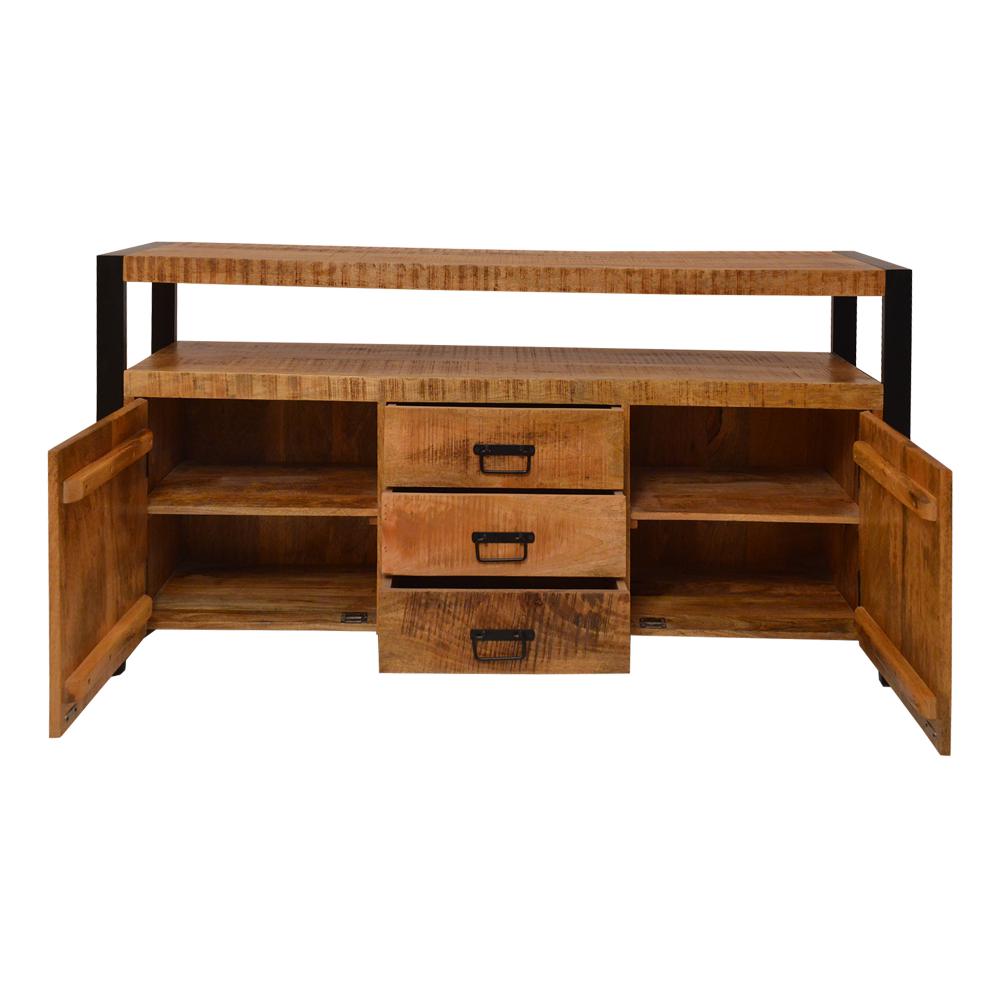 60 Inch 2 Door Mango Wood Media Console TV Stand, 3 Drawers, Brown and Black - UPT-242954