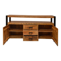 60 Inch 2 Door Mango Wood Media Console TV Stand, 3 Drawers, Brown and Black - UPT-242954