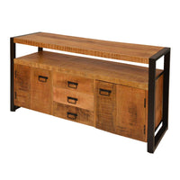 60 Inch 2 Door Mango Wood Media Console TV Stand, 3 Drawers, Brown and Black - UPT-242954