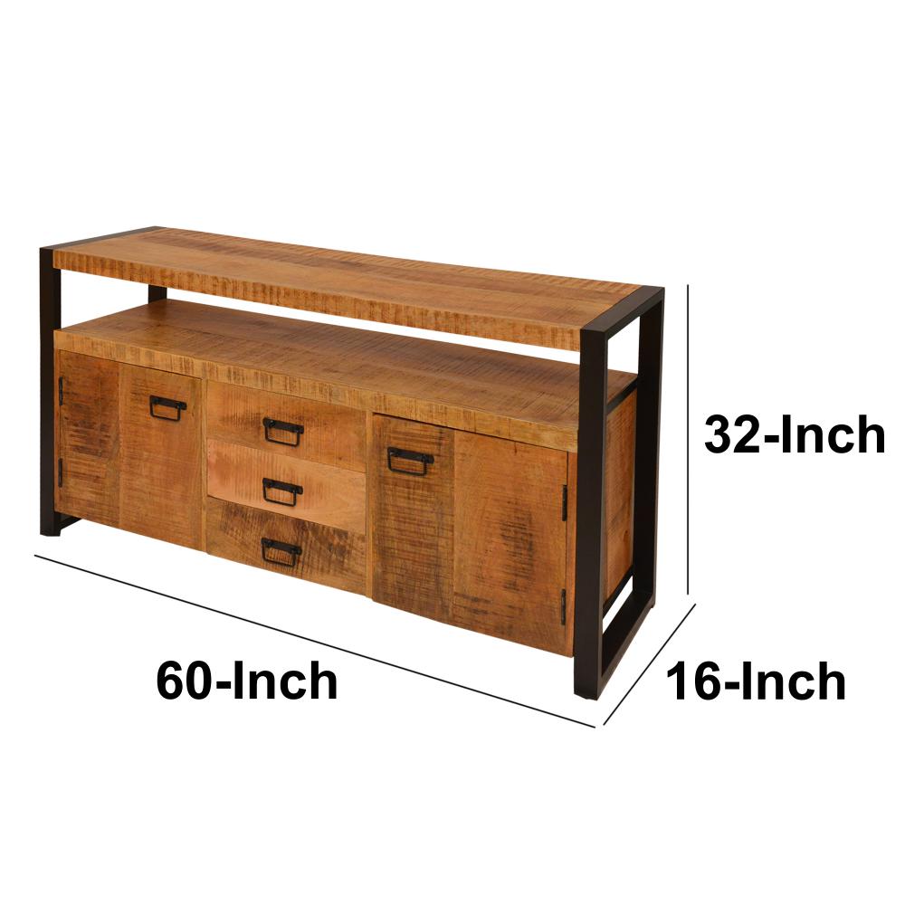 60 Inch 2 Door Mango Wood Media Console TV Stand, 3 Drawers, Brown and Black - UPT-242954