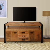 60 Inch 2 Door Mango Wood Media Console TV Stand, 3 Drawers, Brown and Black - UPT-242954