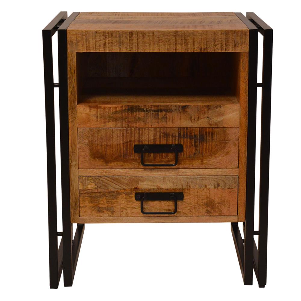 24 Inch 2 Drawer Mango Wood Bedside Table, Open Cubby, Double Sled Style Iron Frame, Brown, Black - UPT-242955