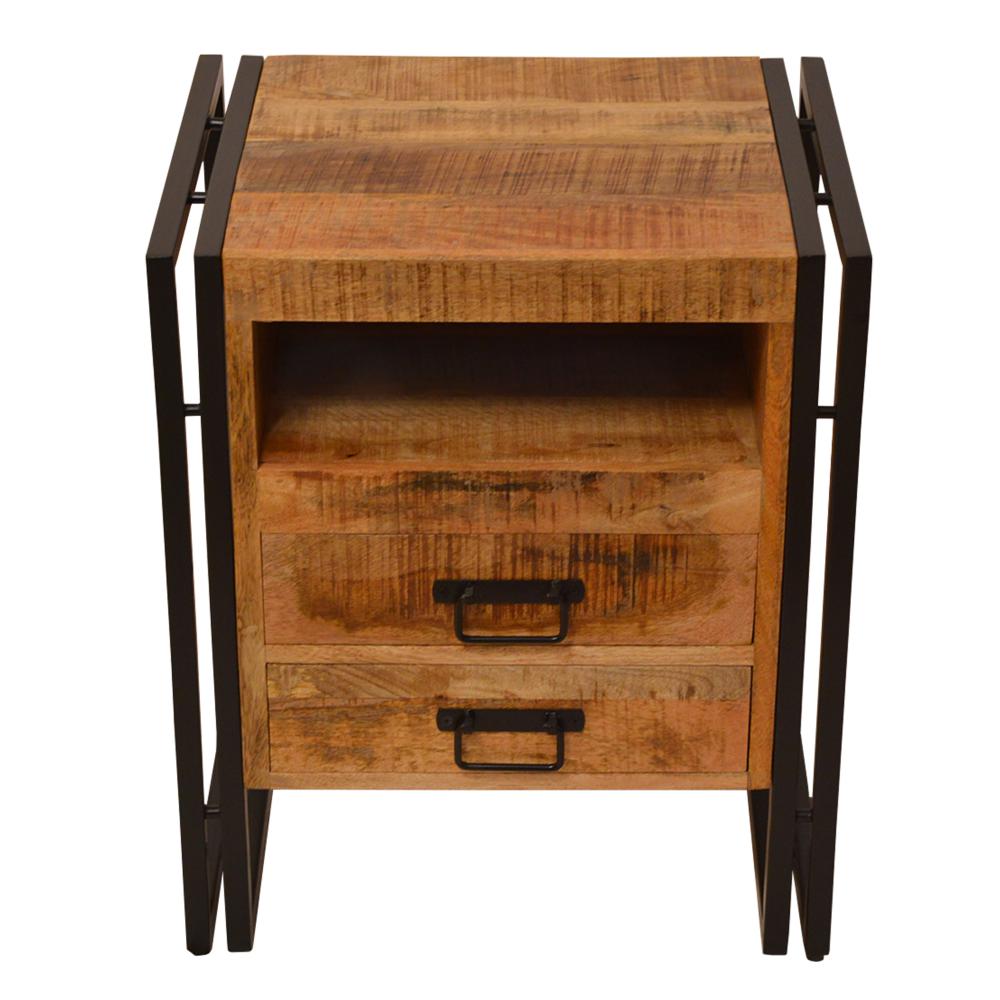 24 Inch 2 Drawer Mango Wood Bedside Table, Open Cubby, Double Sled Style Iron Frame, Brown, Black - UPT-242955