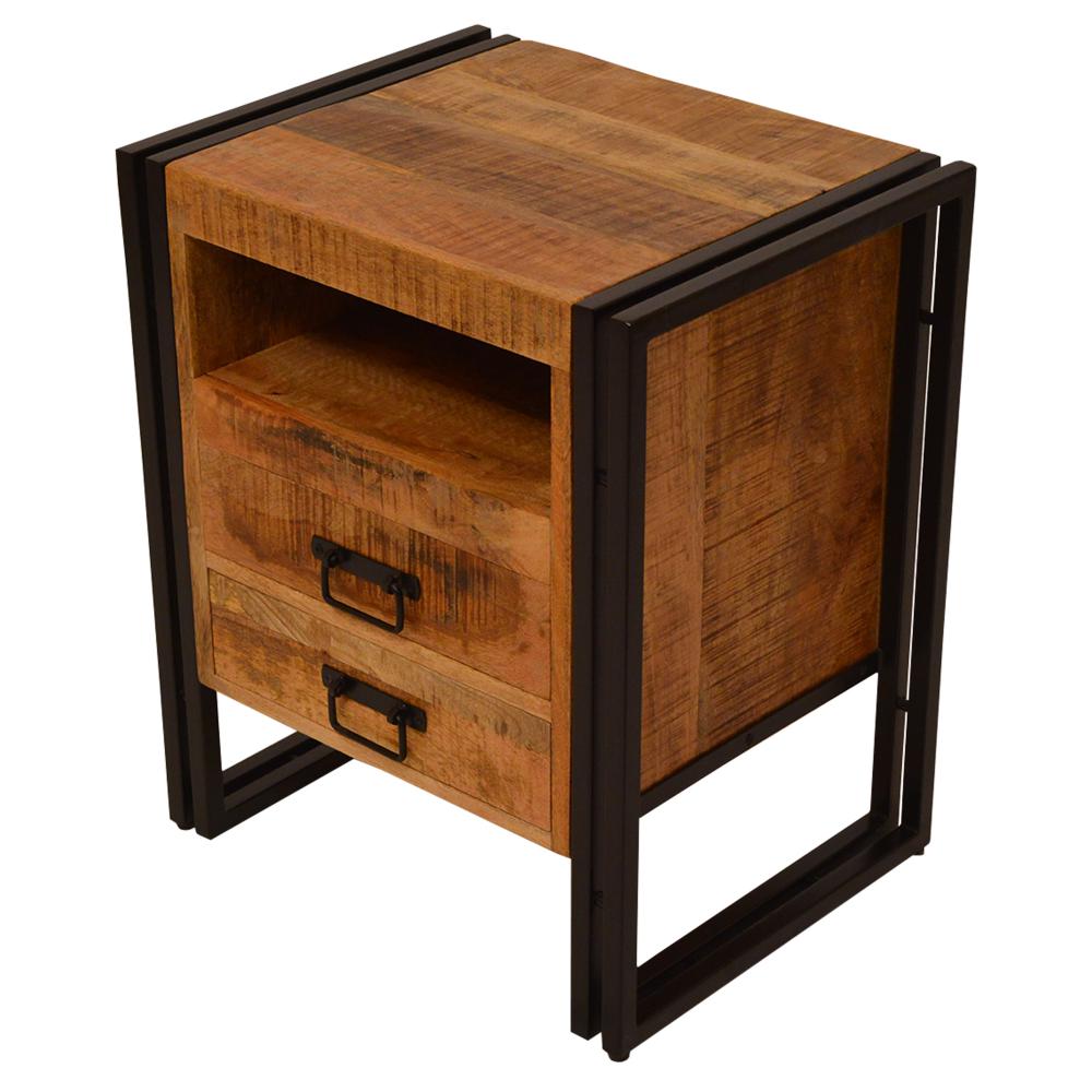 24 Inch 2 Drawer Mango Wood Bedside Table, Open Cubby, Double Sled Style Iron Frame, Brown, Black - UPT-242955