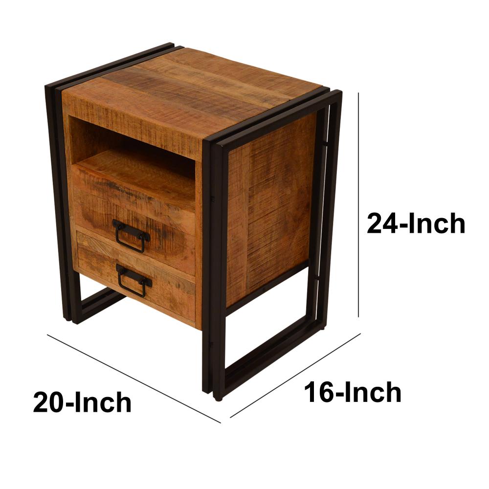 24 Inch 2 Drawer Mango Wood Bedside Table, Open Cubby, Double Sled Style Iron Frame, Brown, Black - UPT-242955