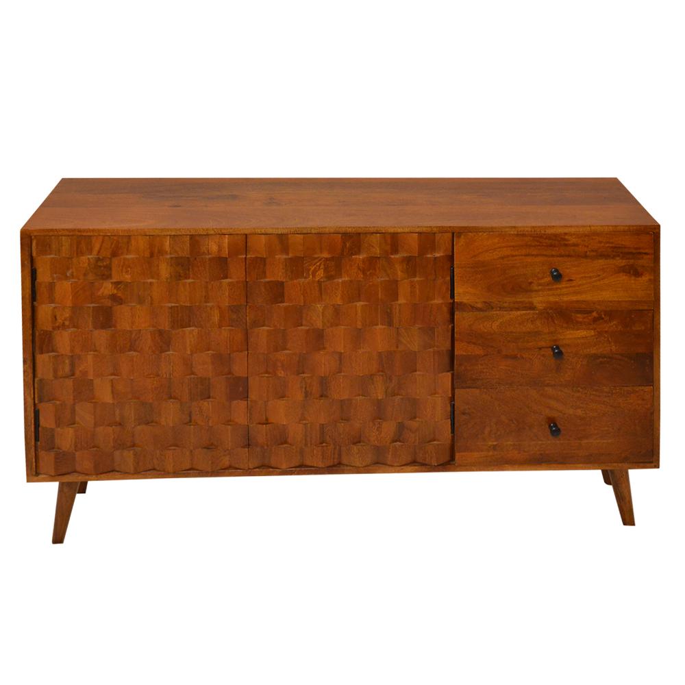 2 Door Wooden TV Console with 3 Drawers and Honeycomb Design, Walnut Brown - UPT-242956