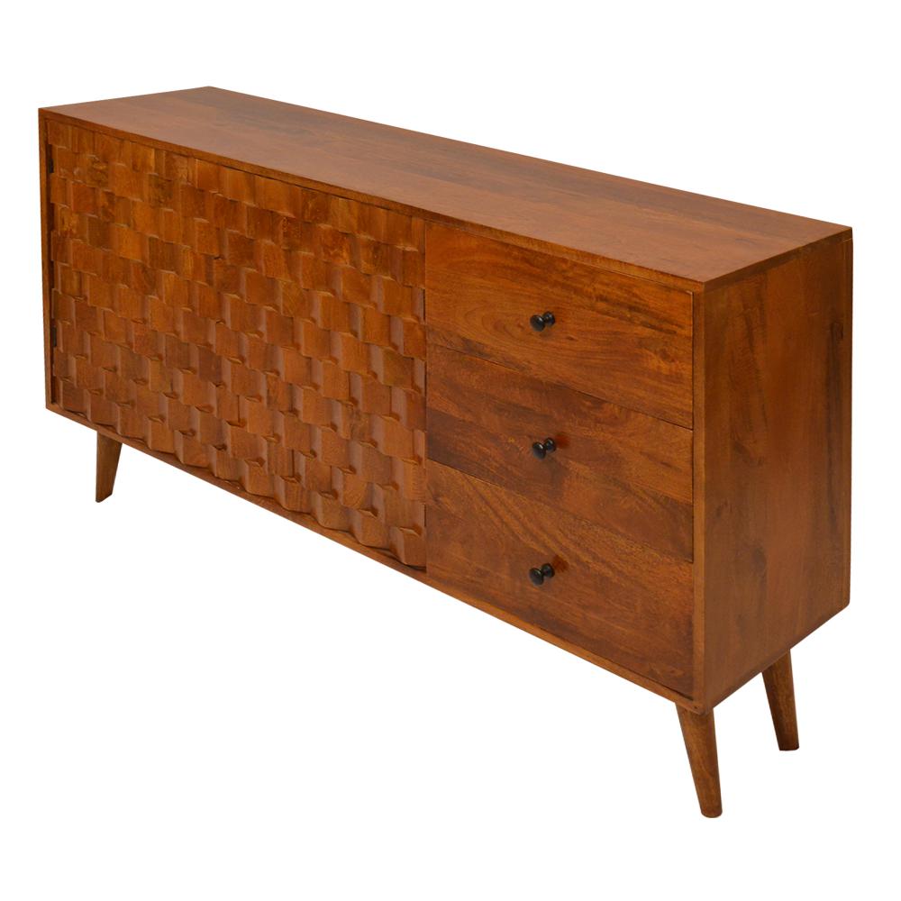 2 Door Wooden TV Console with 3 Drawers and Honeycomb Design, Walnut Brown - UPT-242956