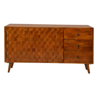 2 Door Wooden TV Console with 3 Drawers and Honeycomb Design, Walnut Brown - UPT-242956