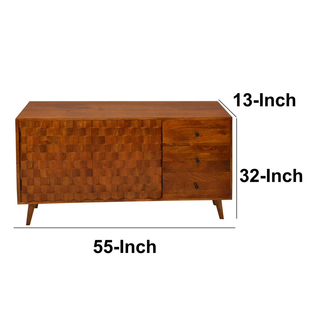 2 Door Wooden TV Console with 3 Drawers and Honeycomb Design, Walnut Brown - UPT-242956