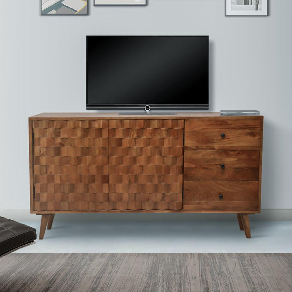 2 Door Wooden TV Console with 3 Drawers and Honeycomb Design, Walnut Brown - UPT-242956