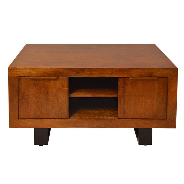 36 Inch Rectangular Wooden Industrial Coffee Table, Open Compartments and Sled Base, Brown- UPT-242958