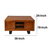 36 Inch Rectangular Wooden Industrial Coffee Table, Open Compartments and Sled Base, Brown- UPT-242958