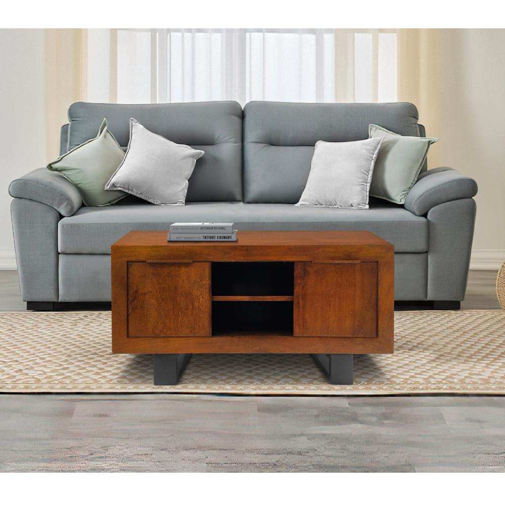 36 Inch Rectangular Wooden Industrial Coffee Table, Open Compartments and Sled Base, Brown- UPT-242958