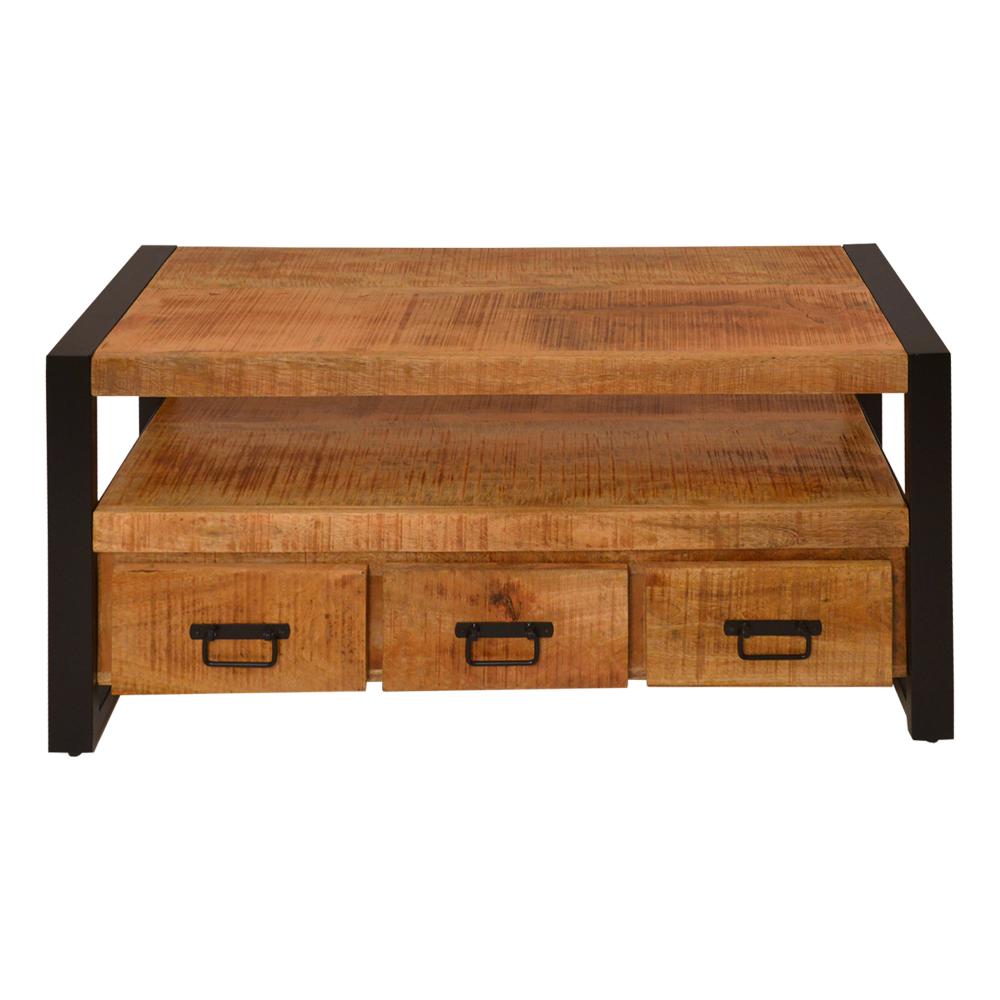 3 Drawer Wooden Farmhouse Coffee Table with Open Shelf and Metal Frame, Brown and Black - UPT-242959