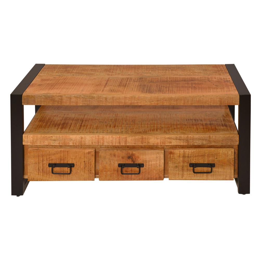 3 Drawer Wooden Farmhouse Coffee Table with Open Shelf and Metal Frame, Brown and Black - UPT-242959