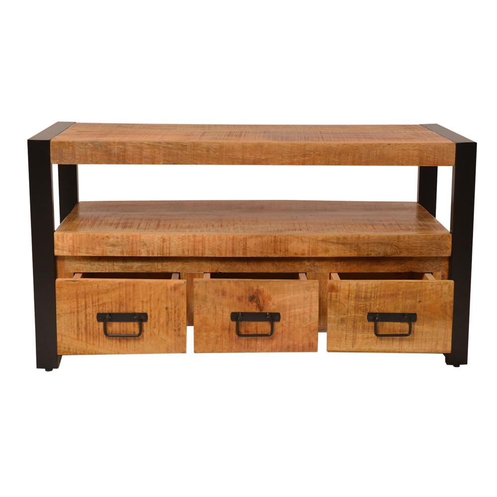 3 Drawer Wooden Farmhouse Coffee Table with Open Shelf and Metal Frame, Brown and Black - UPT-242959