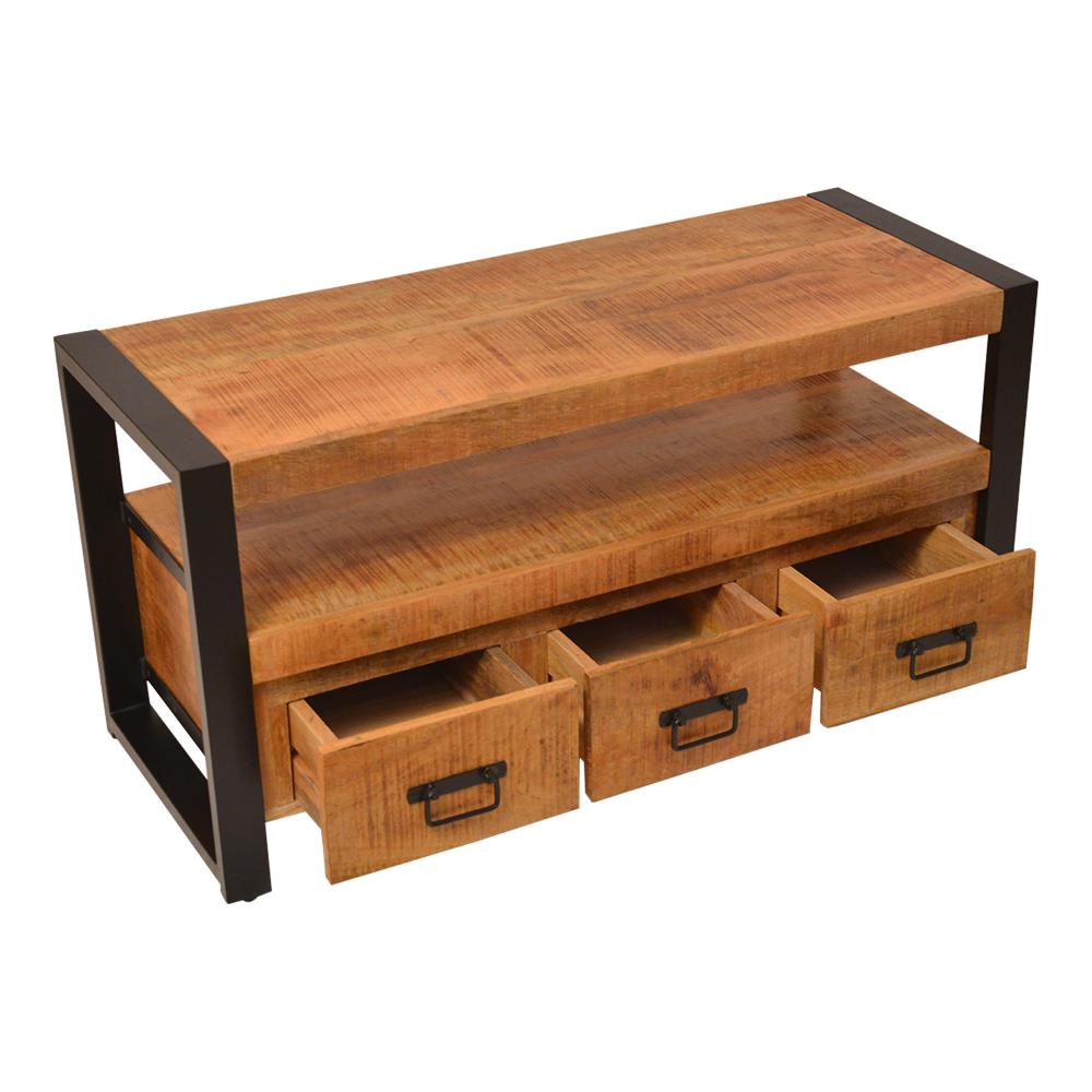 3 Drawer Wooden Farmhouse Coffee Table with Open Shelf and Metal Frame, Brown and Black - UPT-242959