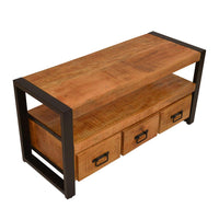 3 Drawer Wooden Farmhouse Coffee Table with Open Shelf and Metal Frame, Brown and Black - UPT-242959