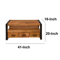 3 Drawer Wooden Farmhouse Coffee Table with Open Shelf and Metal Frame, Brown and Black - UPT-242959