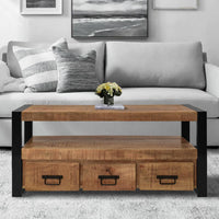 3 Drawer Wooden Farmhouse Coffee Table with Open Shelf and Metal Frame, Brown and Black - UPT-242959