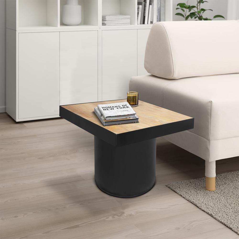 21 Inch Wooden Side Table with Block Metal Base, Brown and Black - UPT-247102
