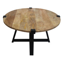 31 Inch Round Wooden Coffee Table with Banded Metal Frame, Brown and Black - UPT-247103