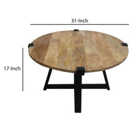 31 Inch Round Wooden Coffee Table with Banded Metal Frame, Brown and Black - UPT-247103