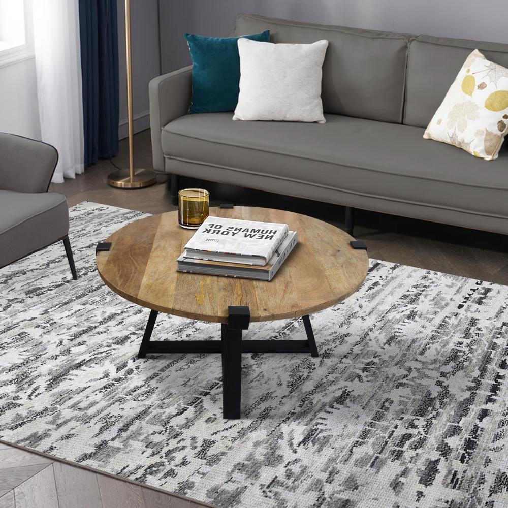 31 Inch Round Wooden Coffee Table with Banded Metal Frame, Brown and Black - UPT-247103