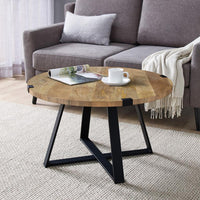 31 Inch Round Wooden Coffee Table with Banded Metal Frame, Brown and Black - UPT-247103