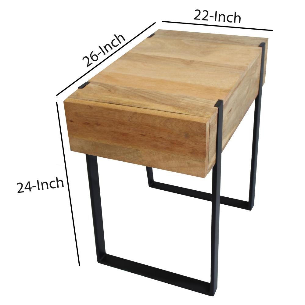 24 Inch Wooden End Table with Single Drawer and Metal Frame, Brown and Black - UPT-247104