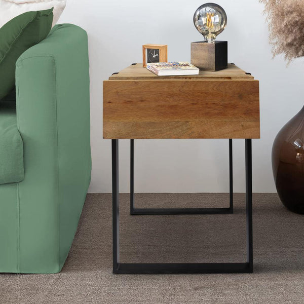 24 Inch Wooden End Table with Single Drawer and Metal Frame, Brown and Black - UPT-247104