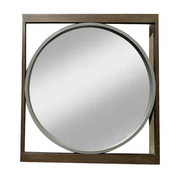 Round Wall Mirror with Rectangular Wooden Frame, Brown - UPT-247266