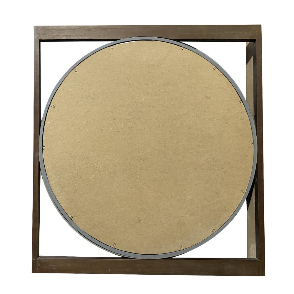 Round Wall Mirror with Rectangular Wooden Frame, Brown - UPT-247266