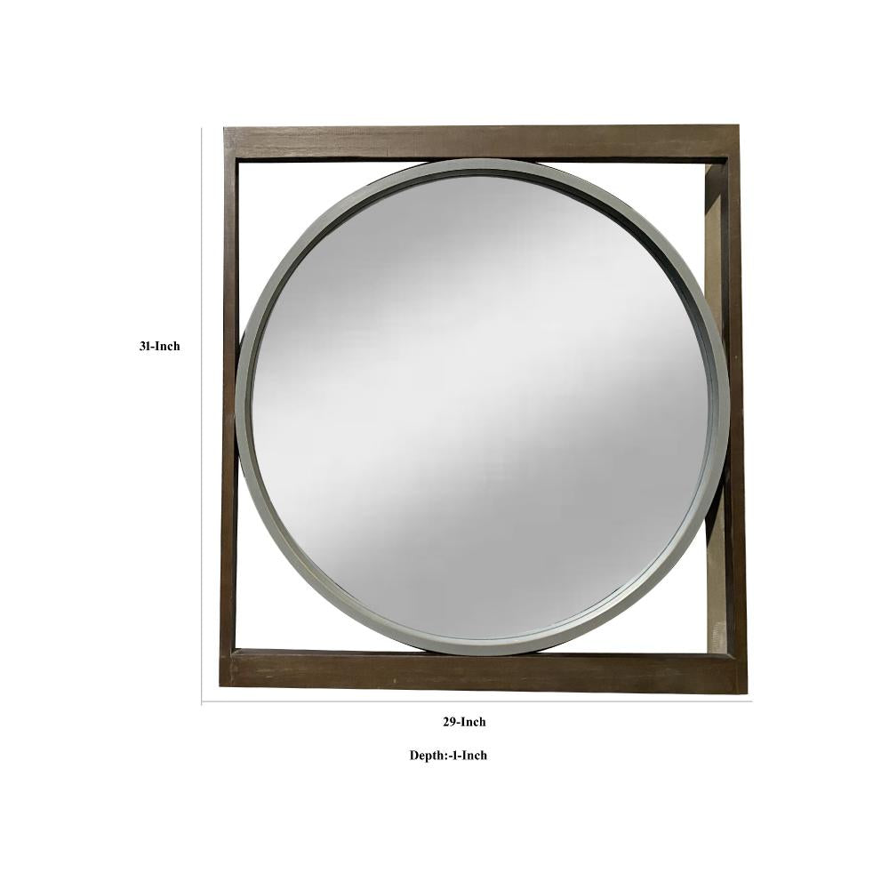 Round Wall Mirror with Rectangular Wooden Frame, Brown - UPT-247266