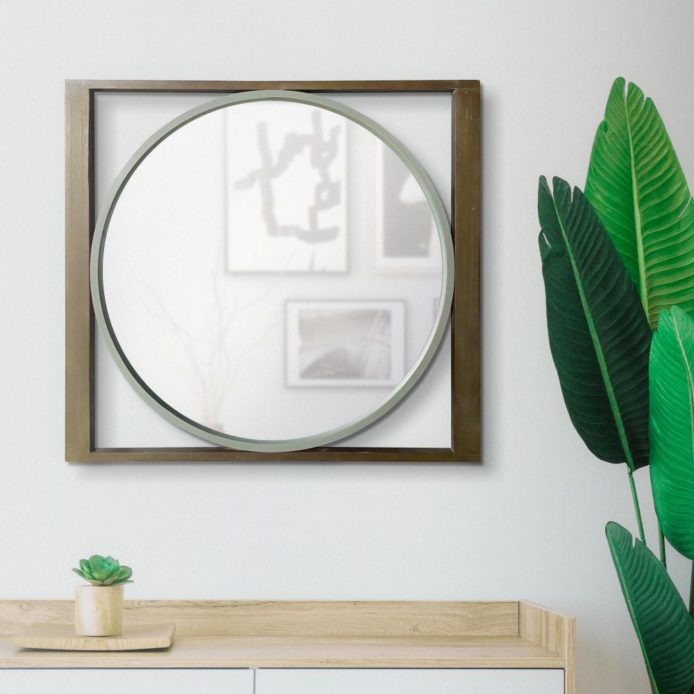 Round Wall Mirror with Rectangular Wooden Frame, Brown - UPT-247266